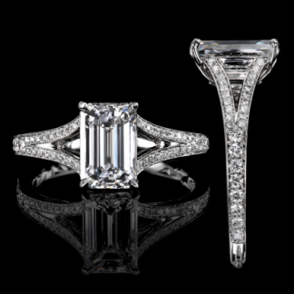 Leon Megé hand-forged split-shank ring featuring an emerald cut diamond with bright-cut pave r8194